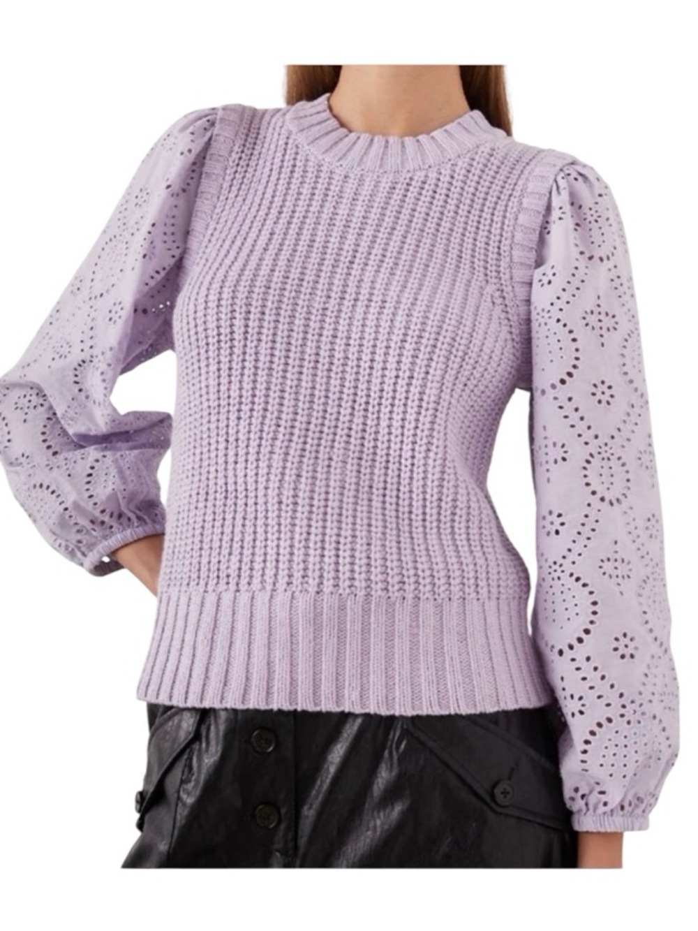 Rails Dhalia Lilac Eyelet Lace Knit Cropoed Crewneck Sweater - M - Picture 1 of 14